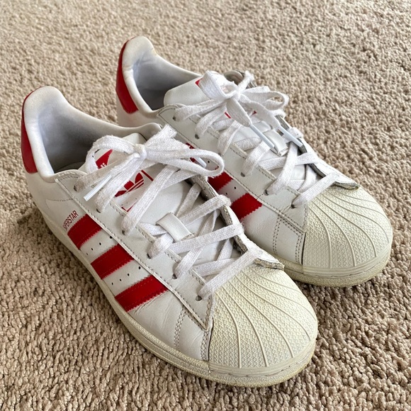 adidas | Shoes | Adidas Superstar White Vivid Red Big Kids Sneakers |  Poshmark